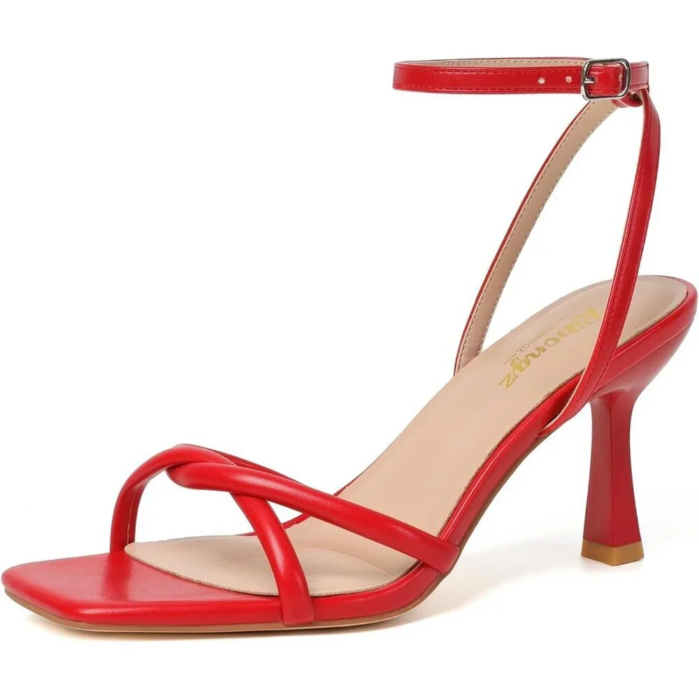 Women's Red Square Open Toe Kitten Strappy Ankle Strap Heeled Sandals Shoes - Picture 1 of 9